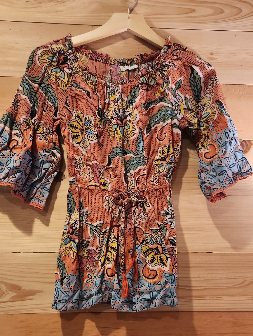 Angie Multicolor Floral Peasant Blouse - Orange, Blue & Yellow